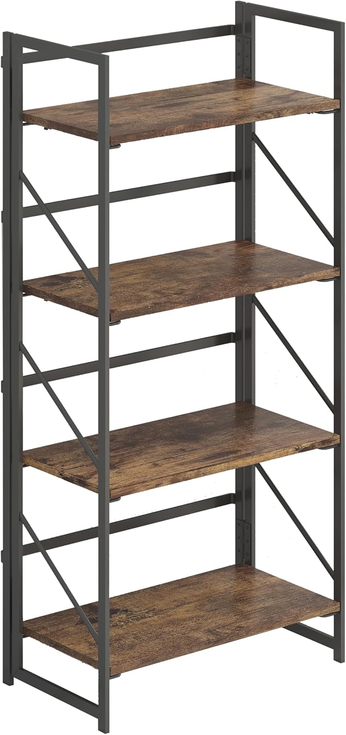 JSB No Assembly Folding Bookshelf, 4 Tier Industrial Metal Book Shelf for Sto...