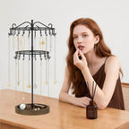 iDavosic.ly 2 Tier Rotating Necklace Holder Organizer with Wooden Jewelry Tray, Adjustable Metal Bracelet Display Stand with 42 Hooks, Extra Tall Keychain Spinning Tree Tower for Women, Black