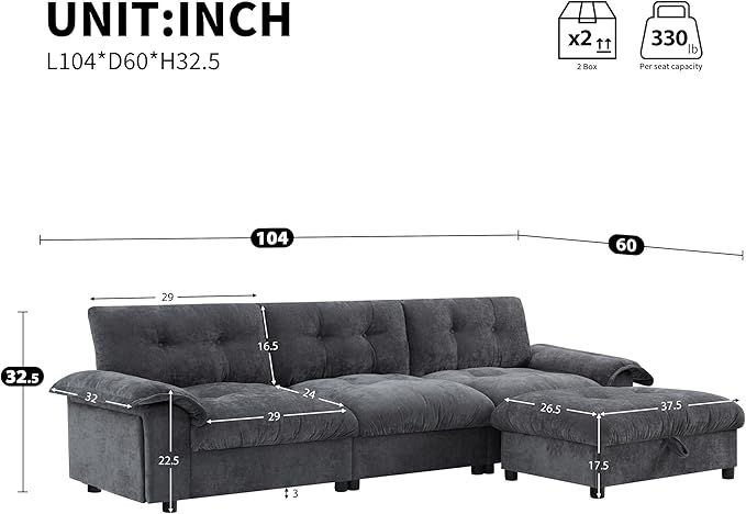 Ball & Cast Modular L Shaped Sectional Sofa W/Movable Storage Ottoman&Dual-Port Charging,4 Seater Chenille Upholstered Couch W/Side Storage Pockets&Cup Holder,for Living Room,Apartment,Dark Gray,104"