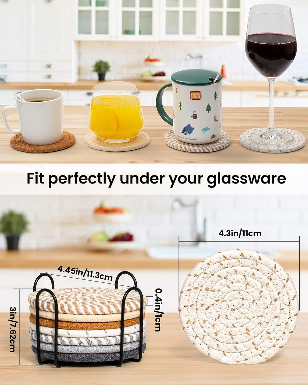 Effectyou 8 Pcs Drink Coasters with Holder, 8 Colors Absorbent Coasters for Drinks Minimalist Cup Coasters Cotton Coaster Set Woven Coasters for Coffee Table Home Decor Bar Housewarming Gift, 4.3 Inch