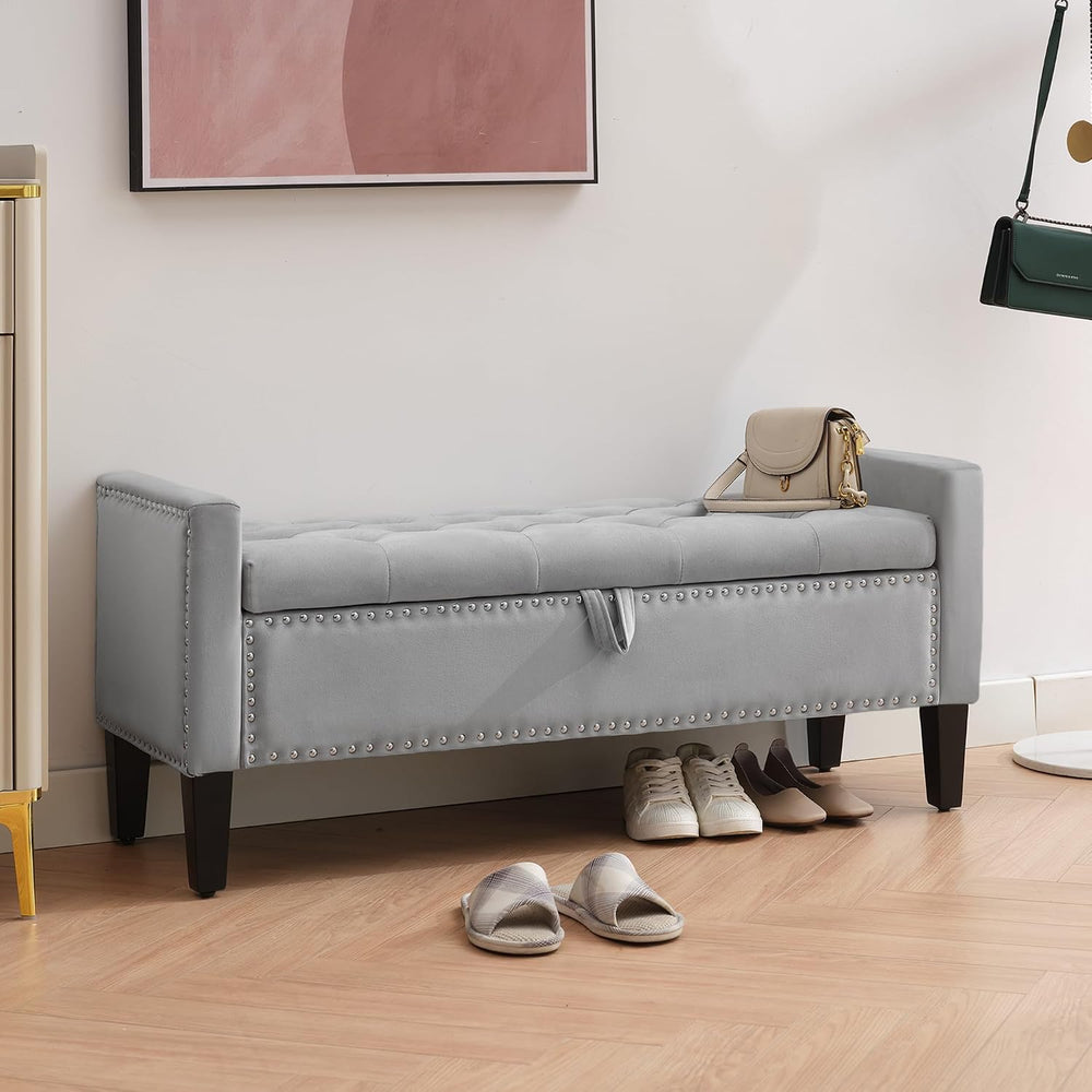 Storage Ottoman Bench, Velvet Upholstered Footstool for Bedroom and Living Ro...