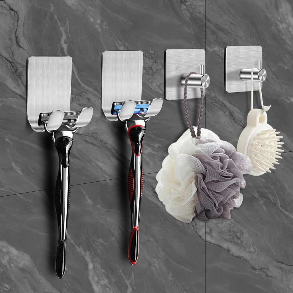 CGBE 4 Packs Shower Hooks for Inside Shower, Self Adhesive Shaver Holder Hanger Hook for Bathroom Damage Free Wall Hooks for Razor Loofah Sponge