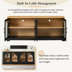 Farmhouse TV Stand with Adjustable Shelves for TVs up to 70'', Entertainment Center with Semi-Arched Glass Doors, Wood Grain Sideboard with Cable Management for Living Room, Black
