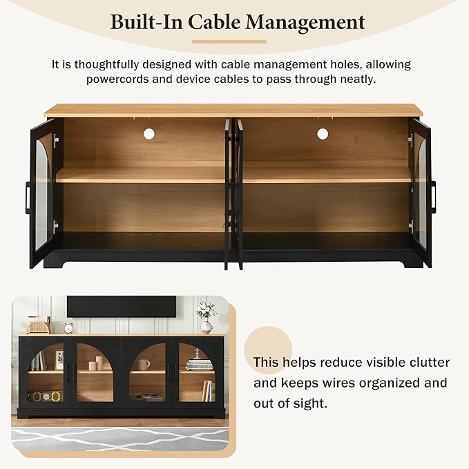Farmhouse TV Stand with Adjustable Shelves for TVs up to 70'', Entertainment Center with Semi-Arched Glass Doors, Wood Grain Sideboard with Cable Management for Living Room, Black
