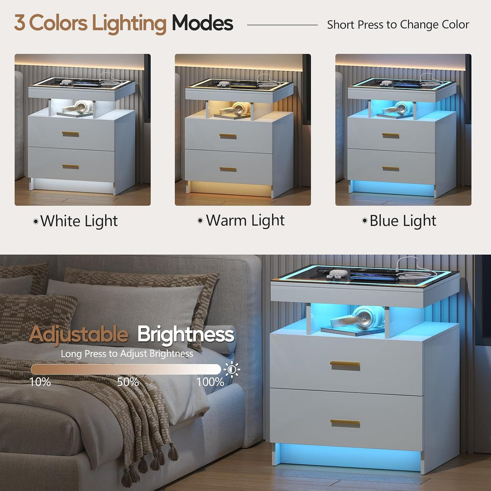 LED Nightstand Set 2 with Charging Station,Motion Senor,White | Night Stand w...