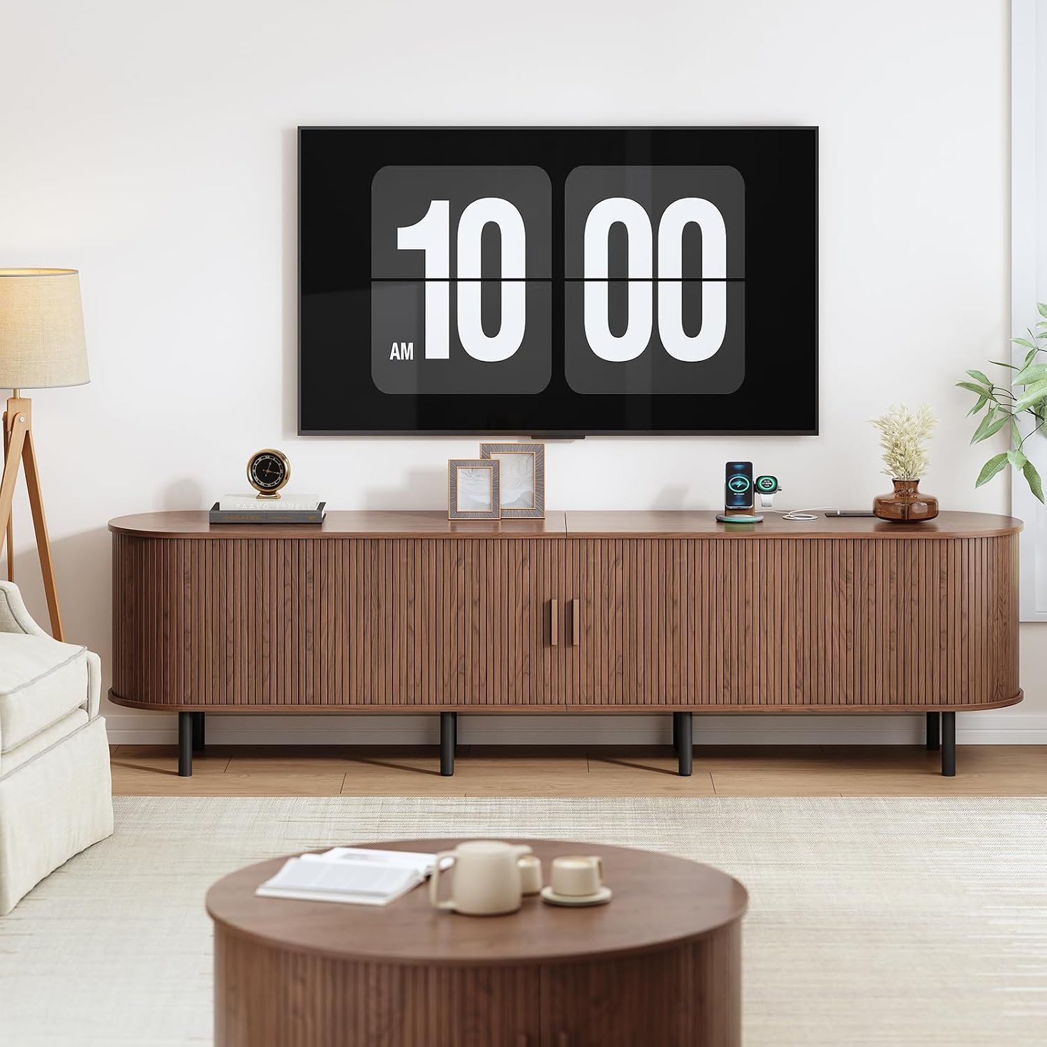 86.6" TV Stand with Power Outlet, Mid-Century Modern Television Stand, Fluted Media Console with Sliding Doors, Entertainment Center for TVs up to 90 Inch, Adjustable Shelves, Walnut