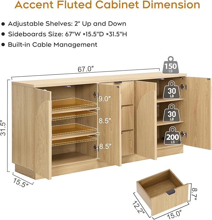 Yechen 67" Fluted TV Stand with Arched Reeded Design Doors &3 Drawers, Modern Entertainment Center with Storage for TV up to 75", TV Media Console, TV Cabinet for Living Room, Bedroom