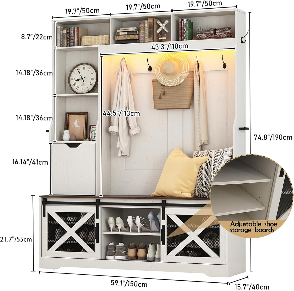 75''H 59''W Large LED Farmhouse Hall Tree with Bench and Shoe Storage,Entryway Bench with Coat Rack,16 Shoe Cubbies & Umbrella Holder and Sock Storage Drawer,Mudroom/Hallway Storages Cabinet(white )