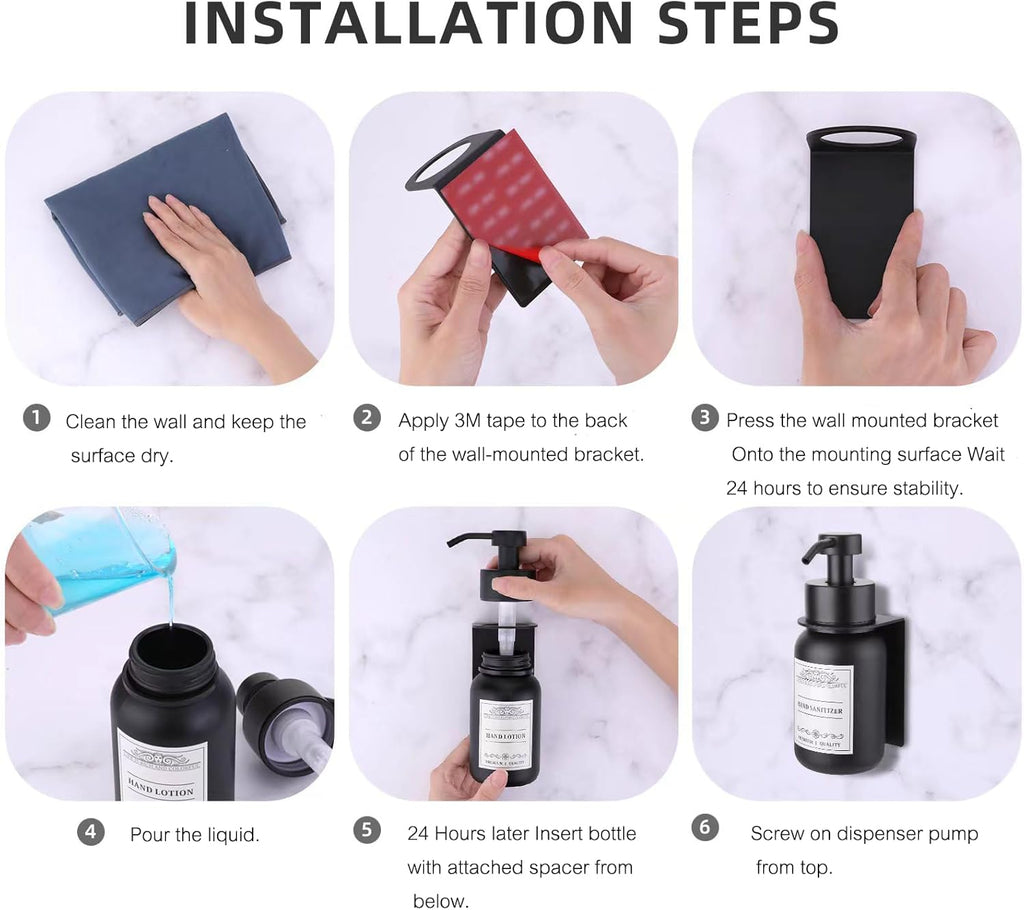 Black Glass Soap Dispenser Wall Mount for Bathroom with Pump and Drill-Free Holders - 8.5 Oz Hand Soap Dispenser, Shower Dispenser with Waterproof Labels