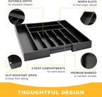 Large Premium Bamboo Silverware Organizer - Expandable Drawer Organizer & Utensil Organizer - 17"x19.7" Cutlery Tray with Dividers for Kitchen Utensils and Flatware (7-9 Slots) (Black)