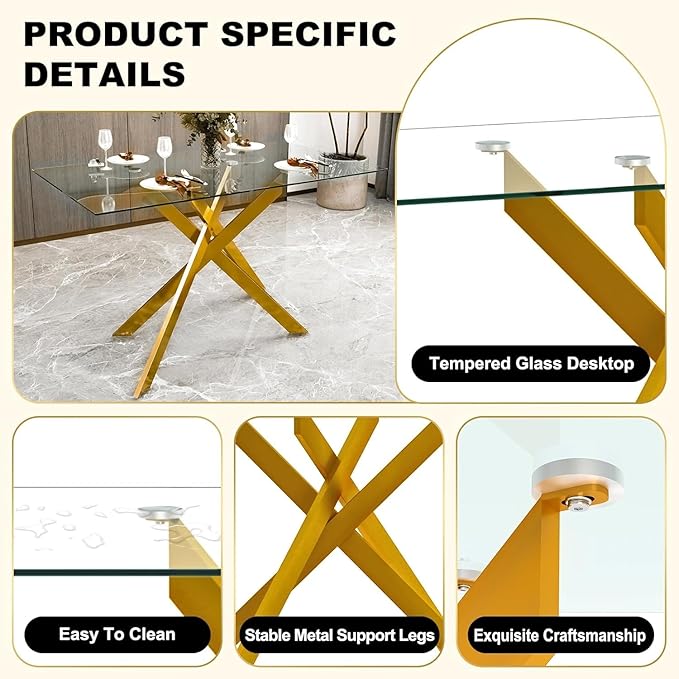 51 Inch Glass Dining Table Set for 4, Rectangular Glass Kitchen Table with 4 Upholstered Velvet Accent Chairs, 5 Piece Modern Dining Room Set, for Home, Apartment, Small Spaces - Blue Gold