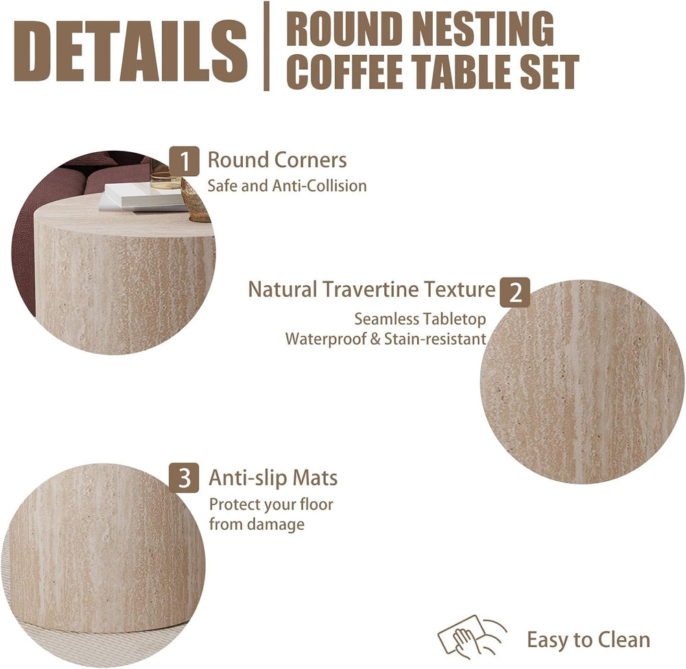 Nesting Coffee Table Set of 2 (C Travertine) | Modern Round Drum Coffee Table...