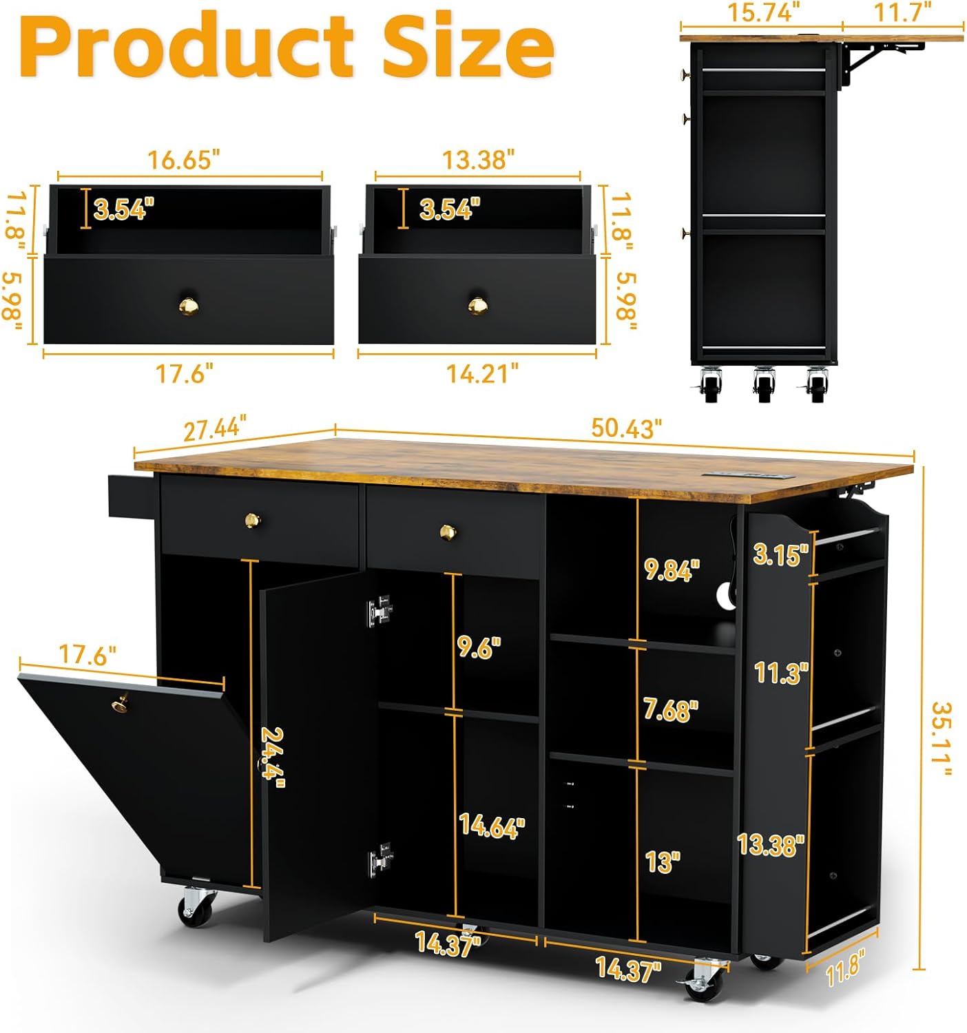 50.4" Kitchen Island with Storage,Rolling Kitchen Table with Power Outlet, Kitchen Island Cart with Folding Drop Leaf, Trash Storage Cabinet, Spice Rack, Towel Rack and Drawer-Black