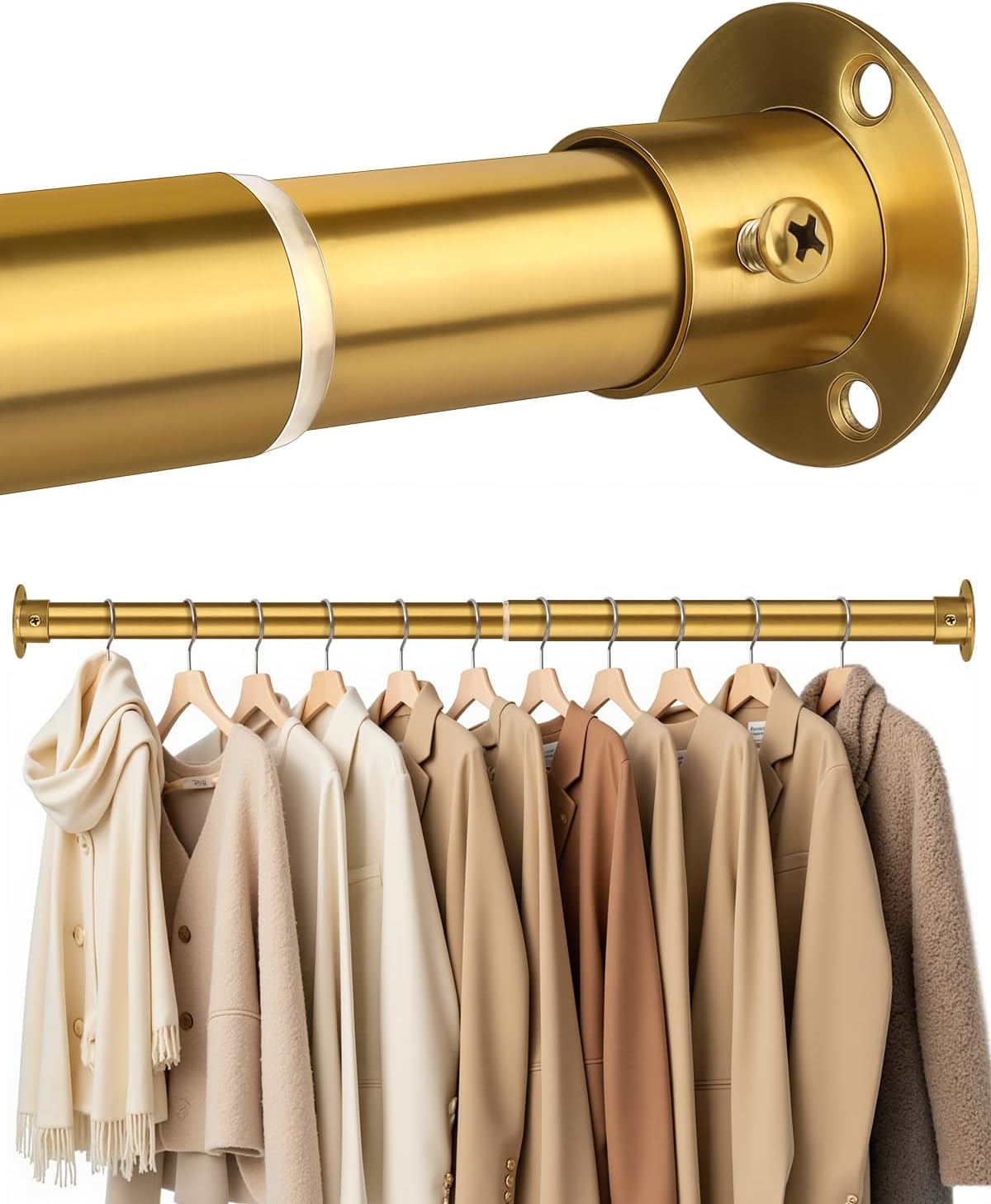 Closet Rods for Hanging Clothes, 17-40 Inch Heavy Duty and Stepless Adjustable Closet Poles, Stainless Steel Closet Hanging Rod for Closet, Wardrobes, Laundry Room, Bathroom, RV (Gold)