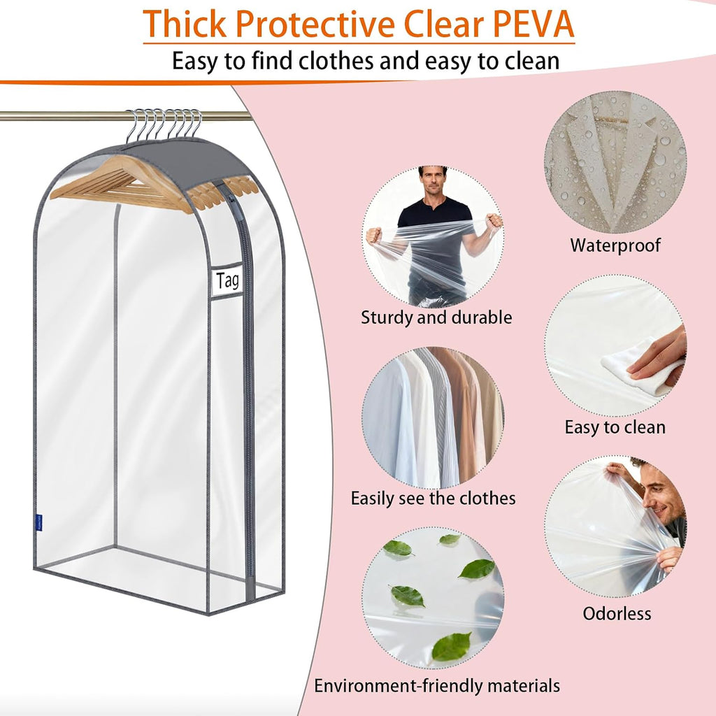 Clear Garment Bags for Hanging Clothes 10" Side Gusset, Suit Bags for Closet Storage, Suit Cover for Shirts Coats Dresses (24"X42"X10" 3Pack)