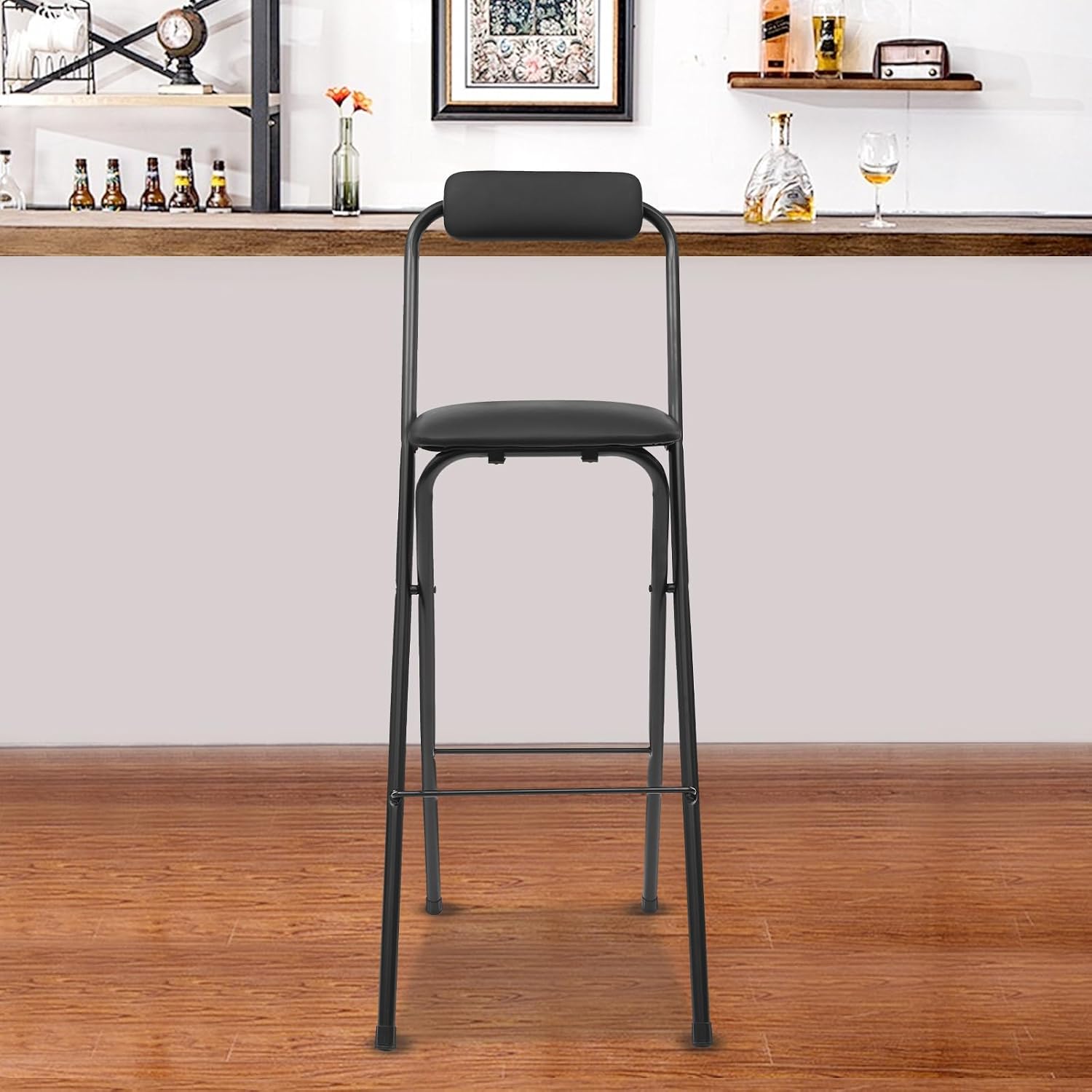Tall Foldable Bar Chair with Backrest Soft Cushions, Sturdy Metal Frame, Portable Black Square Folding Stool Chairs for Camping Kitchen Home Office Bars 27.5 Inch