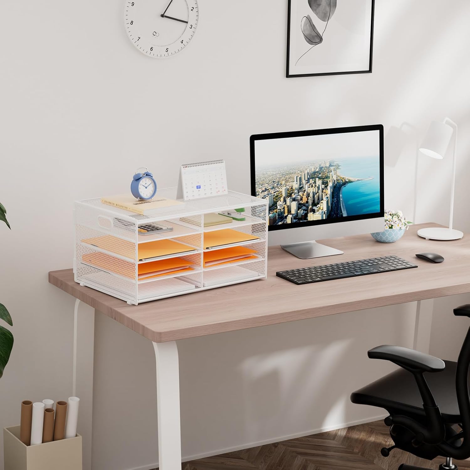 Marbrasse 5 Tier Desktop Literature Organizer, Mesh Paper Organizer Desk Organizers, File Sorter Mail Center Paper Storage Cabinet Classroom Keepers Mailbox for Office Home School,White