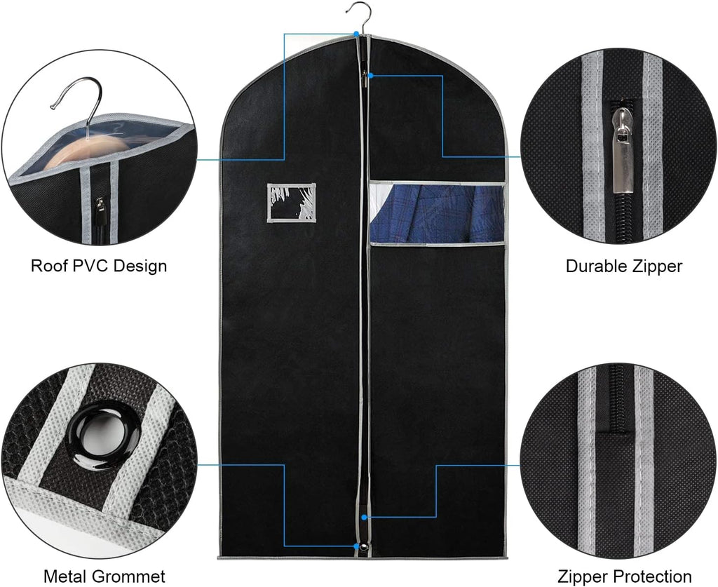 Syeeiex 40 Inch Suit Bag, Garment Bags for Hanging Clothes, Black, Set of 5 | Breathable Suit Bag, Dustproof Hanging Garment Bag, Clear Window and ID Card Holder for Shirts, T-shirts and Jackets