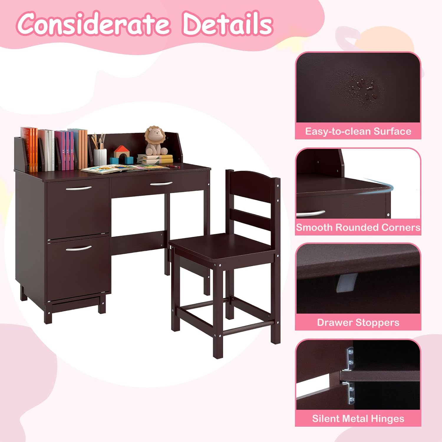 HONEY JOY Kids Desk and Chair Set, Wooden Children School Study Table and Chair w/Drawer, Storage Shelf & Cabinets, Student Computer Workstation Writing Desk for Bedroom, 3-8 Years Old (Dark Brown)