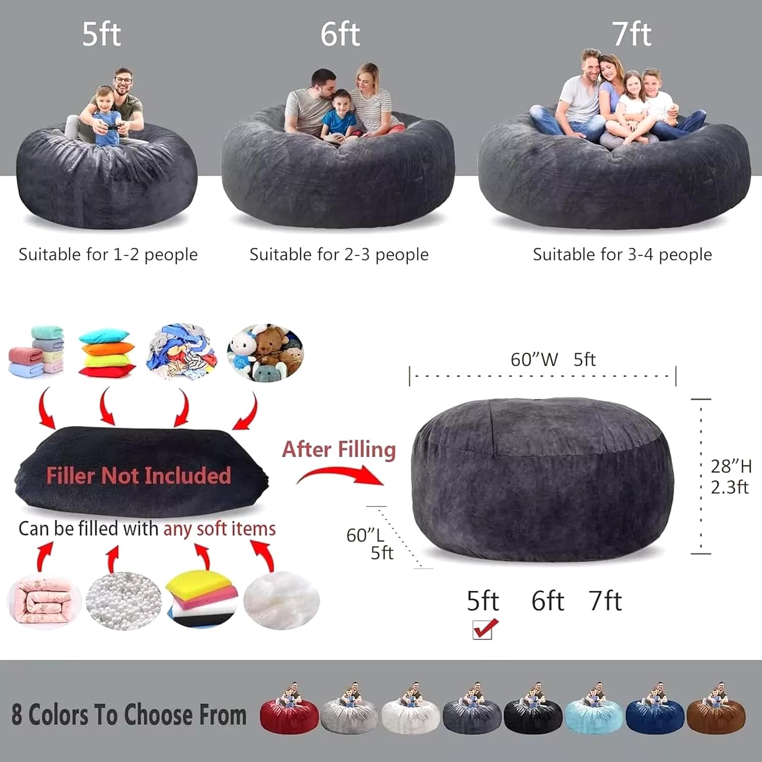 Bean Bag Chairs for Adults Covers 6FT No Filler Huge Large Fluffy Bean Bag Adult Storage Sitting Chairs 2 Seater or 4 Seater for Living Room and Gaming Room Bean Bag Soft Chairs Light Grey