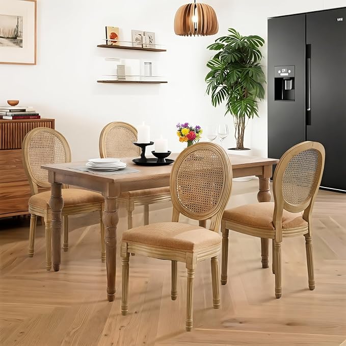 French Country Dining Chairs Set of 4,Farmhouse Upholstered Dining Room Chairs with Round Back and Solid Leg,Rattan Kitchen Chairs for Kitchen/Bedroom/Dining Room,Tan