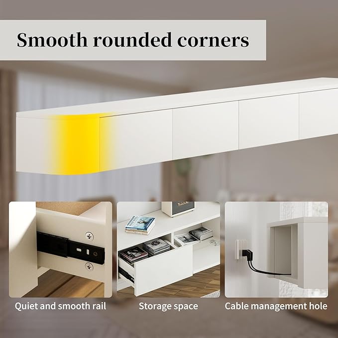 SHGJ&SOFT Floating TV Stand Wall Mounted Media Console with Door Entertainment Centerwith Storage Cabinets, Wall Mounted TV Shelf for Bedroom,Living Room (White, 78.7IN)