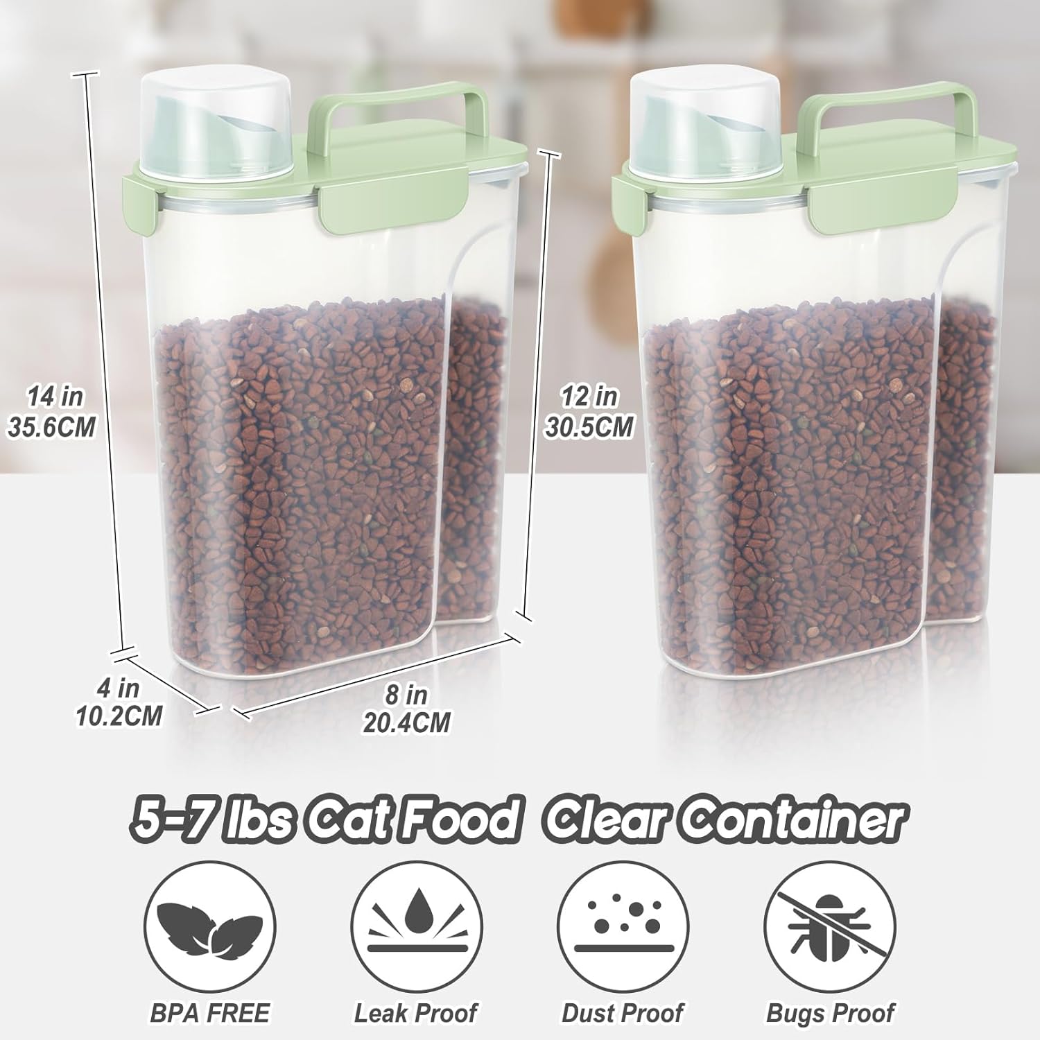 5Lbs /6Qt/5L Airtight Cat Dog Food Storage Container with Upgraded Large Nozzle BPA-Free, Pet Food Storage Containers for Rice, Grain, Pet Food, Flour, Dog Treat Storage-2 Pack Green