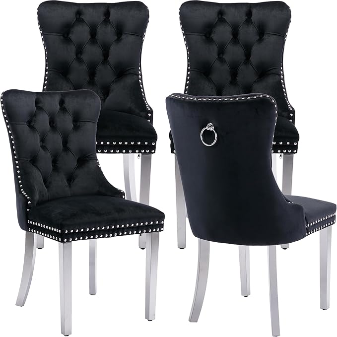 Luxury Upholstered Dining Chairs Set of 4, Black Kitchen Chair with Silver Me...