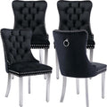 Luxury Upholstered Dining Chairs Set of 4, Black Kitchen Chair with Silver Metal Legs, Velvet Tufted Back Dining Chair, Sillas de Comedor, Modern Kitchen & Dining Room Chairs (Black, 4 Pcs)
