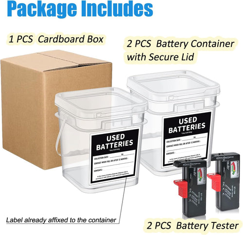 2 Pcs Battery Recycling Container with Battery Testers for Household Batteries, Used Battery Disposal Container with lid for Home Use, Office, Garage, Schools (1.32 Gallon)