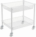 2 Tier Small Utility Cart on Wheels Short Rolling Pantry Cart Thick Metal Wire Basket Stand, Fruit Vegetables Storage Rack for Kitchen, Under Desk Storage for Small Space Bathroom Laundry, White