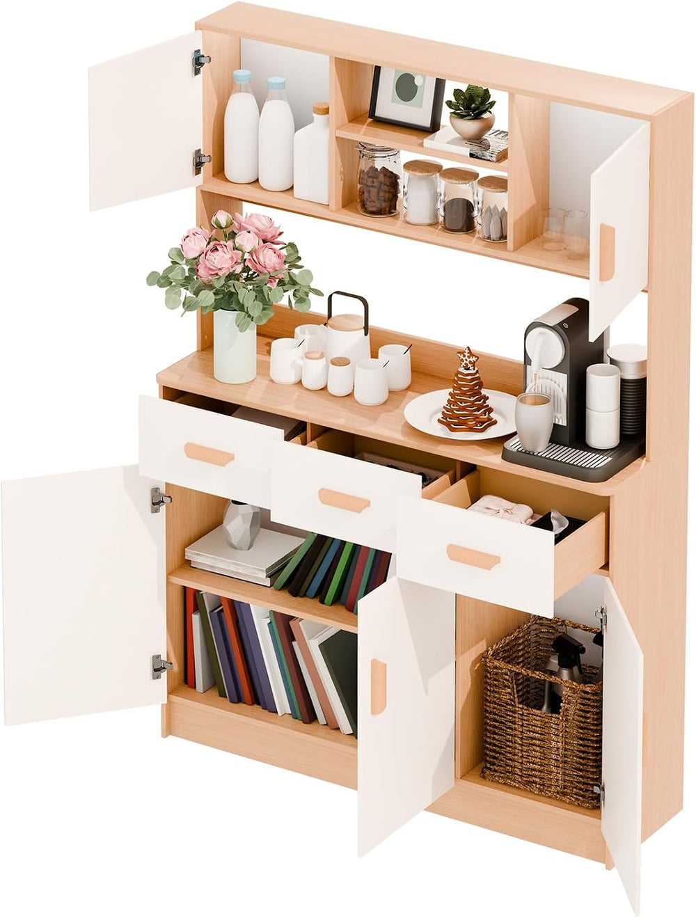Kitchen Pantry Cabinet with Microwave Stand, Freestanding Cabinet Buffet Cupb...