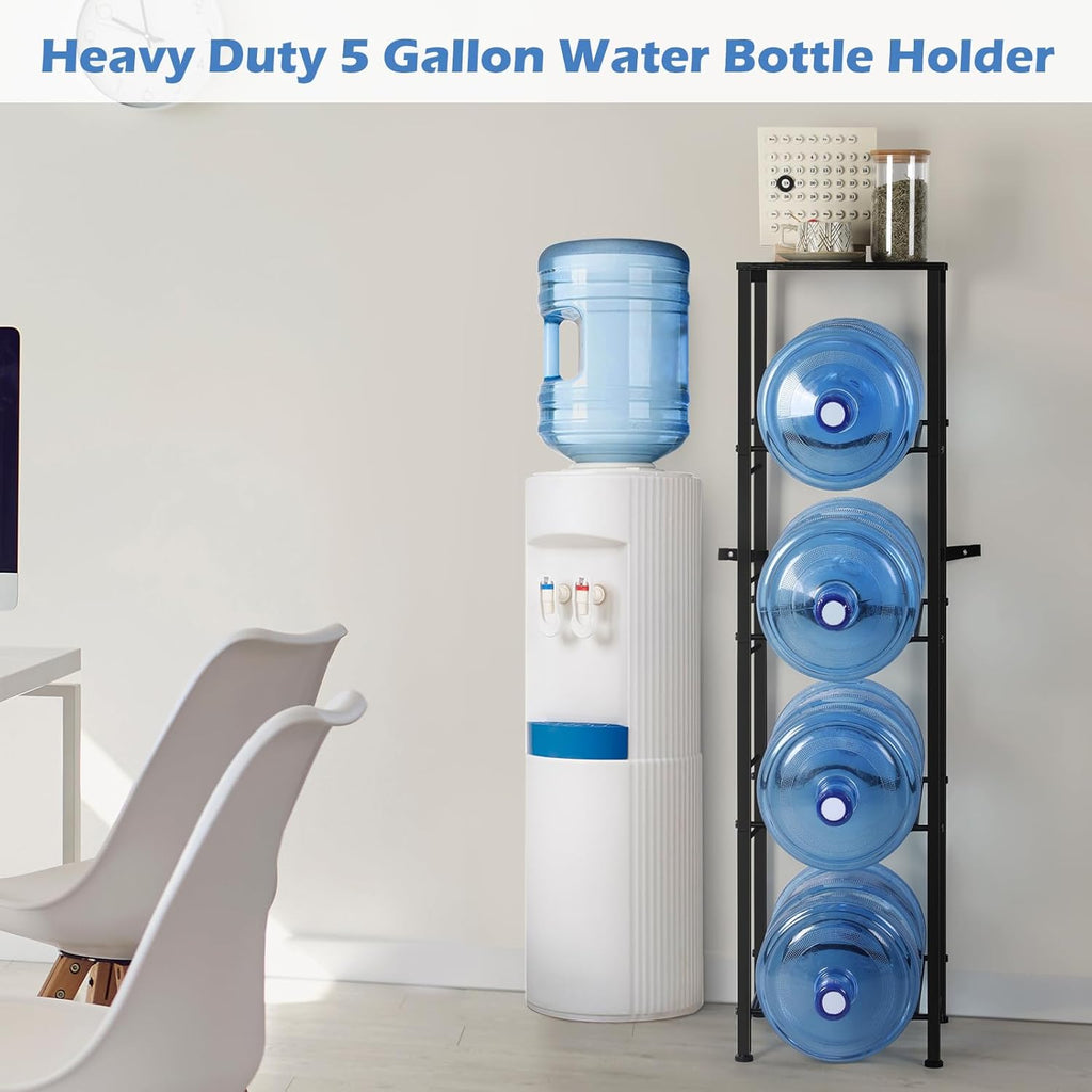 smusei 5 Gallon Water Jug Holder Heavy Duty 4 Tier Water Bottle Holder with Storage Shelves Detachable Water Jug Rack for 5 Gallon, Water jug Stand Organizer for Office Living Room, Black