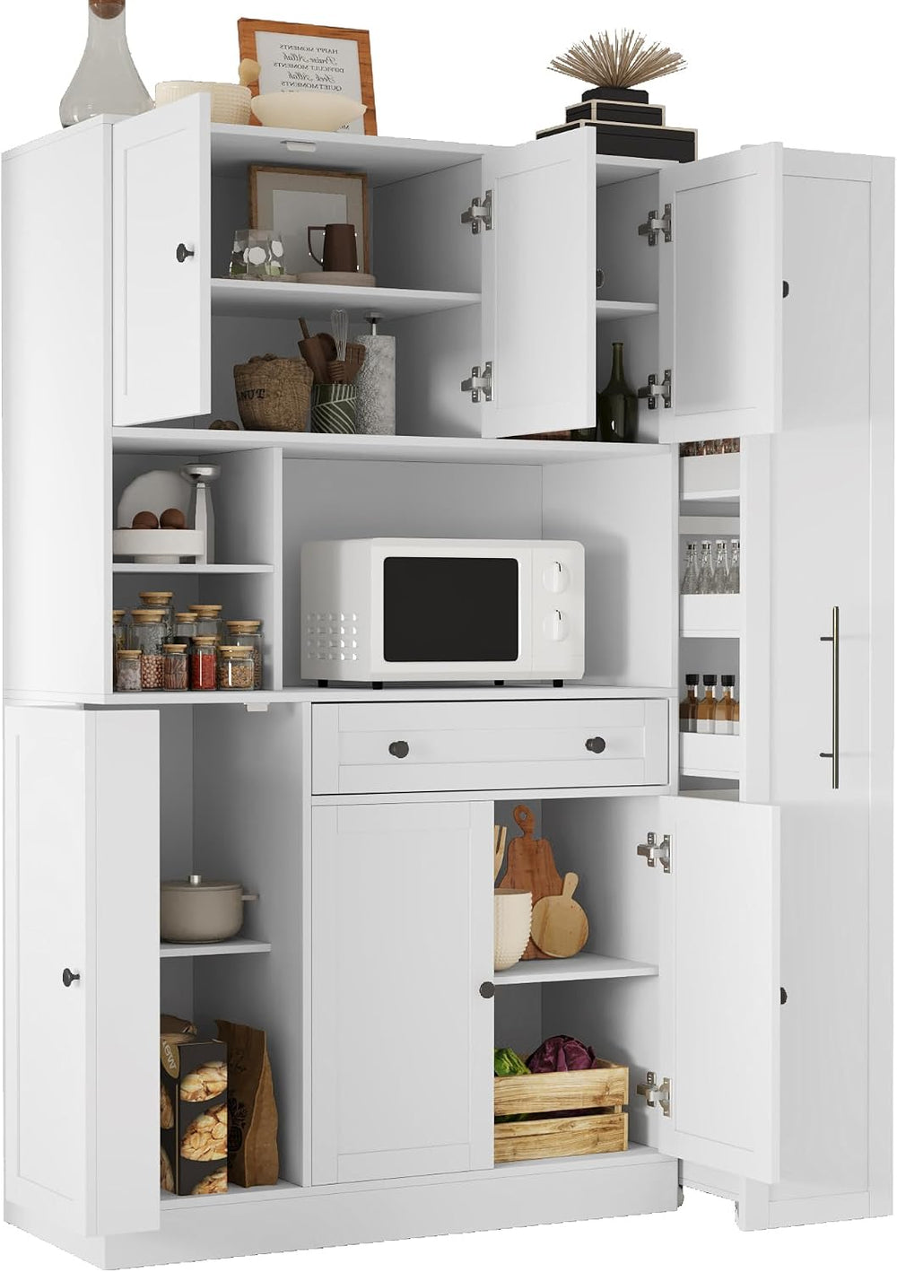 Traditional Freestanding Kitchen Pantry with Pull-Out Side Cabinet, Door Shel...