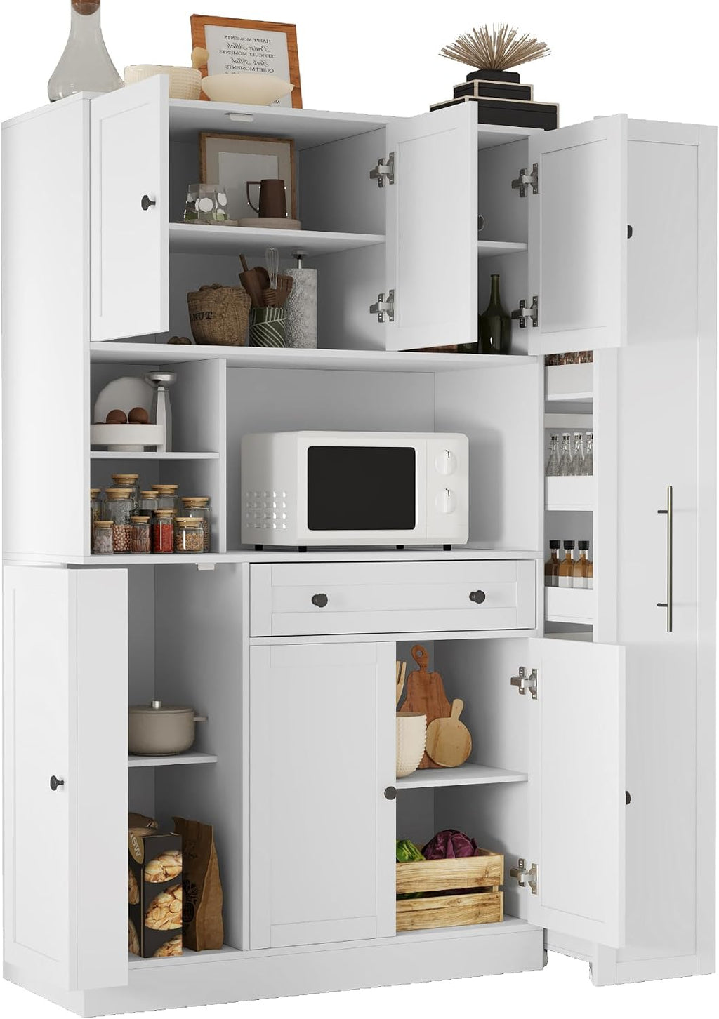 Traditional Freestanding Kitchen Pantry with Pull-Out Side Cabinet, Door Shelves and Drawer, Large Buffet Sideboard Cupboard for Dining Room (White)