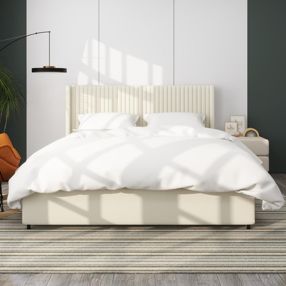 Ivory Velvet Upholstered Wingback Platform Bed with 2 Drawers, Queen Size Sto...