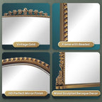 36"x23" Vintage Baroque Arched Wall Mirror, Ornate Antique Brass Wood Frame Decorative Mirror, Large Victorian Style Bathroom Mirror for Living Room, Fireplace, Entryway & Hallway