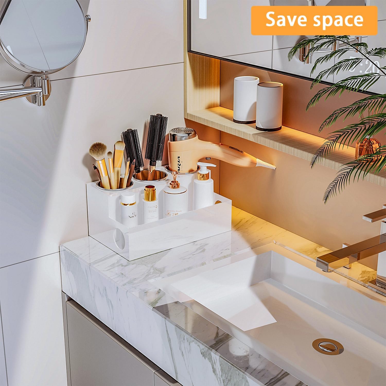 White Hair Tool Organizer Acrylic Hair Dryer and Styling Holder, Bathroom Countertop Blow Dryer Holder, Vanity Caddy Storage Stand for Accessories, Makeup, Toiletries