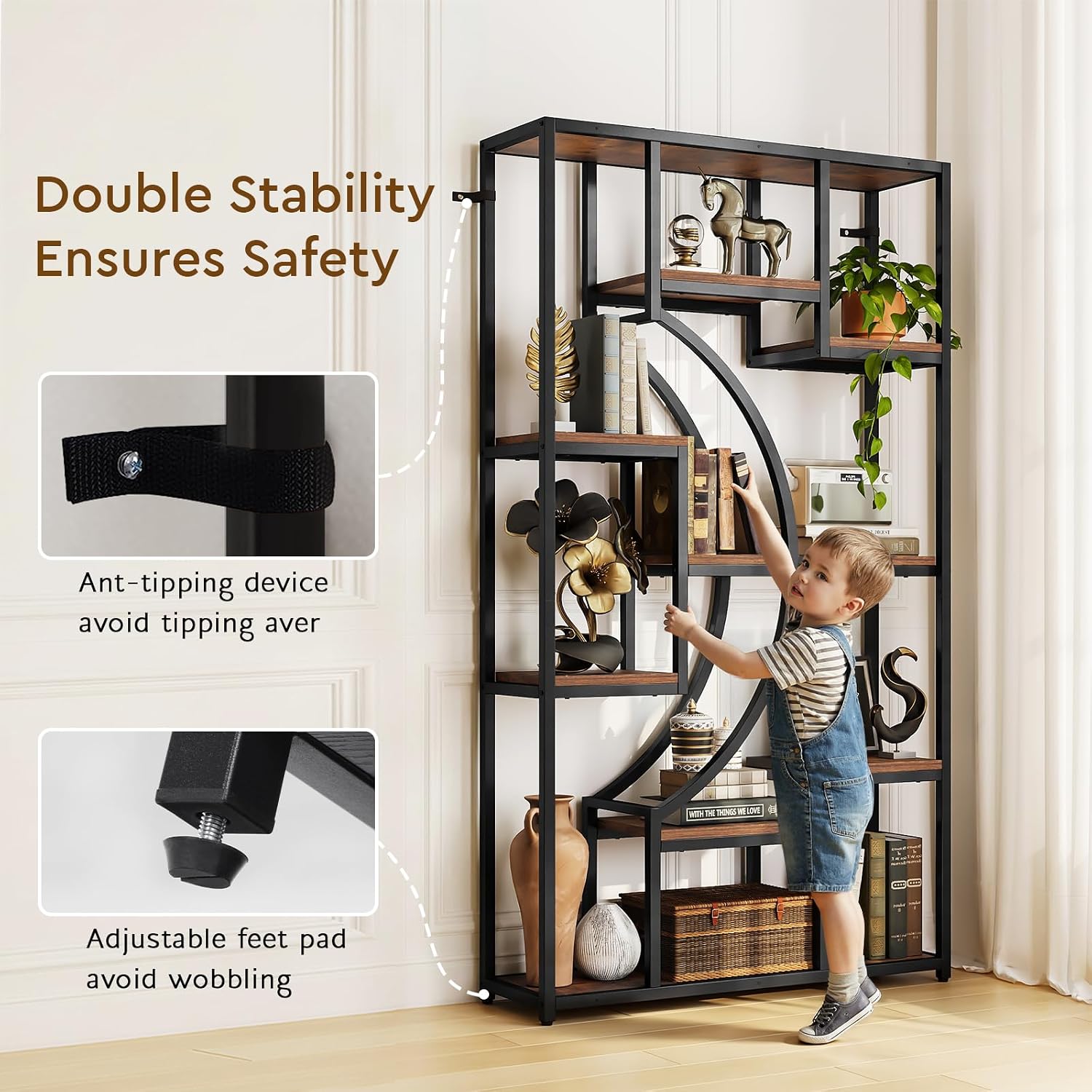 70.8" Tall Bookshelf Set of 2, 79" Wide Geometric Display Shelf with 18 Open Storage Shelves, Etagere Bookcase with Metal Frame – Anti-Tip & Adjustable Feet, Rustic Brown
