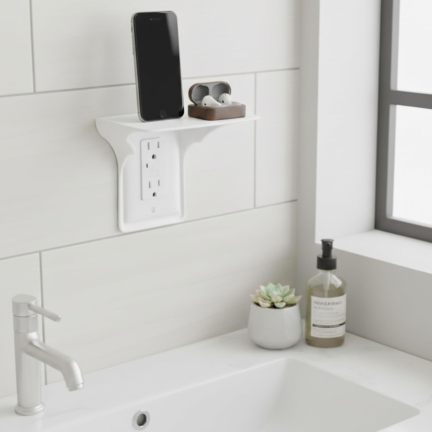 Power Perch Wall Outlet Shelf with Cord Storage Strap - Declutter & Reclaim Bathroom Counter Space - Alexa Stand, Apple Homepod Shelf, Toothbrush Holders Wall Mounted - White, 2-Pack