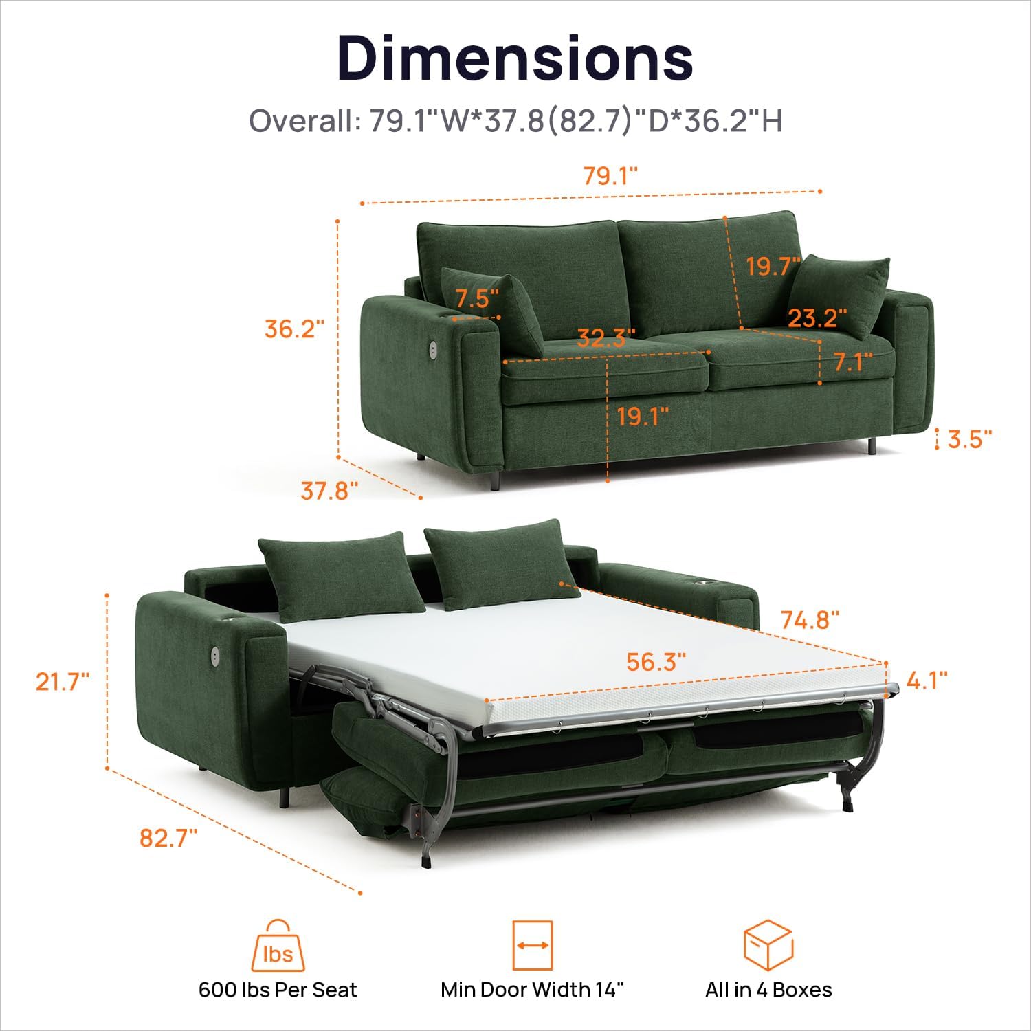Pull Out Sofa Bed, No Cushion Removal, Queen Sleeper Sofa with USB Fast Charging, Memory Form Mattress, 2-in-1 Convertible Comfy Loveseat Couch Bed for RV, Apartment, and Small Spaces (Green)