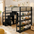Merax Queen Size Metal Loft Bed with Wardrobe & Storage Staircase, 4-Tier Shelves, Full-Length Guardrails, 400 lbs Capacity, No Box Spring Needed Easy Assembly for Bedroom, Black