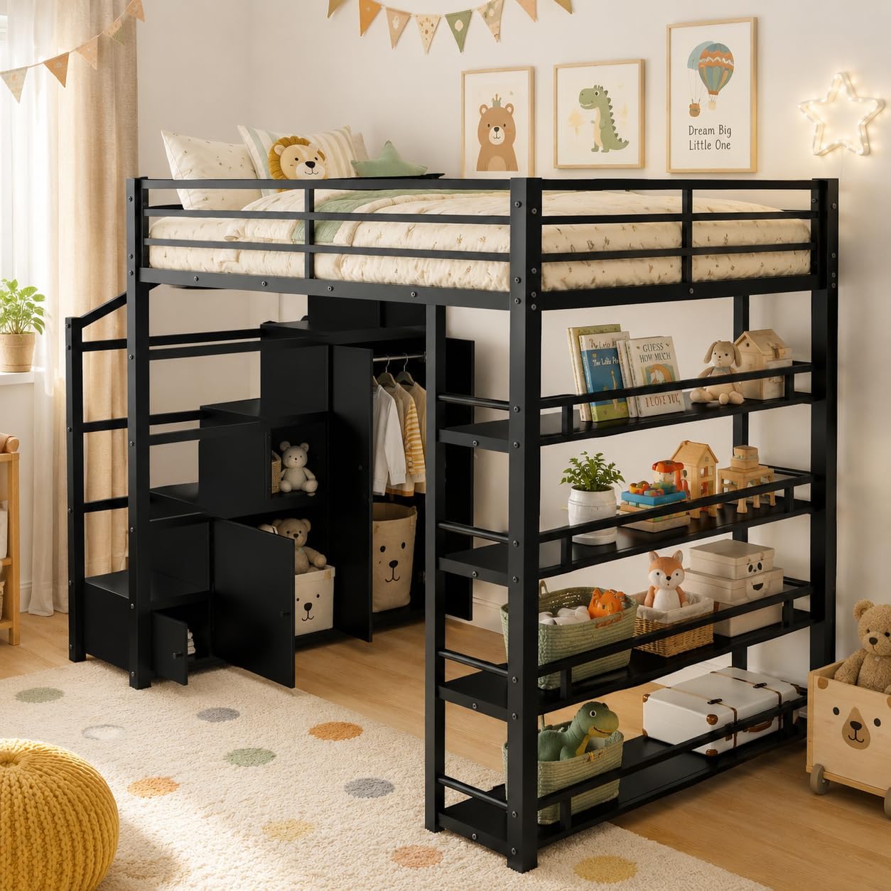 Merax Queen Size Metal Loft Bed with Wardrobe & Storage Staircase, 4-Tier Shelves, Full-Length Guardrails, 400 lbs Capacity, No Box Spring Needed Easy Assembly for Bedroom, Black