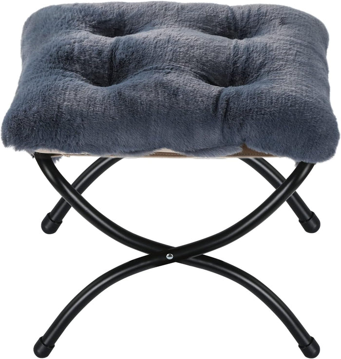 15" Faux Fur Upholstered Folding Foot Rest Stool with Metal Frame Navy