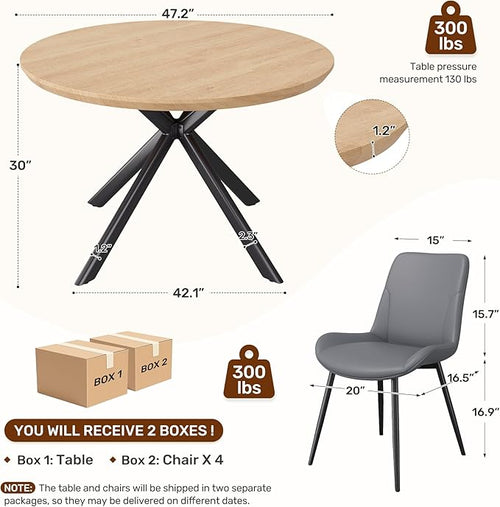 47.2" 5-Piece Round Dining Table Set for 4, Modern Wood Dining Table with 4 Upholstered Chairs, Kitchen & Dining Room Table Set with Metal Base for Apartment, Small Space, Natural Table+4 Grey Chairs