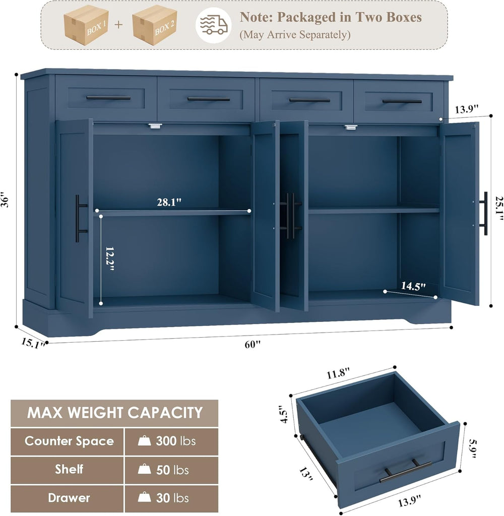 HOSTACK 60" Large Buffet Sideboard with Storage, 36" Tall Kitchen B...