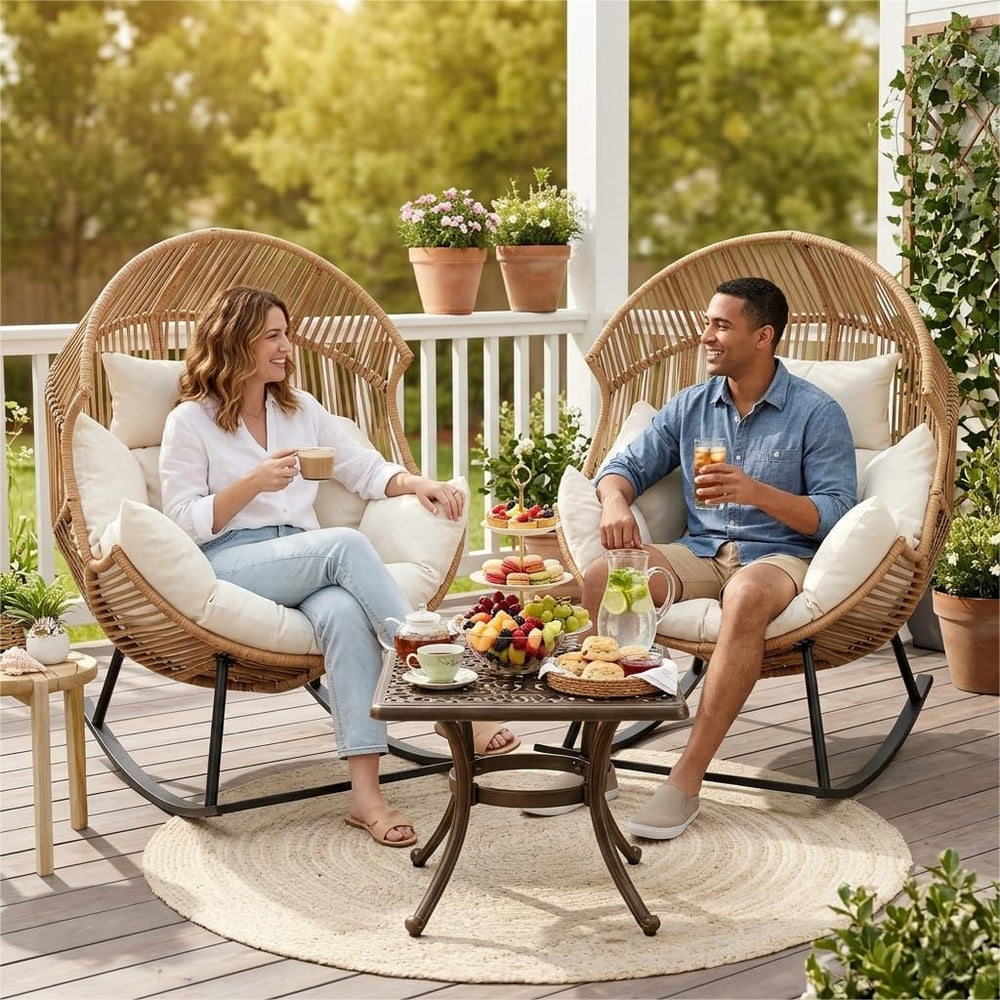 Oversized Outdoor Rocking Chair, Wicker Egg Patio Lounge Chair Basket Seat wi...