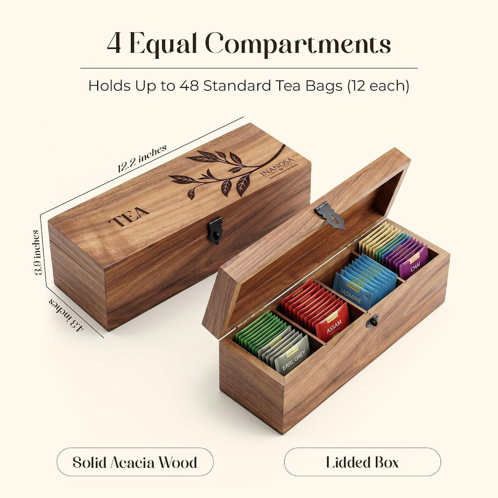 Handmade Acacia Wood Tea Organizer, 4 Compartment Tea Caddy Box with engraving
