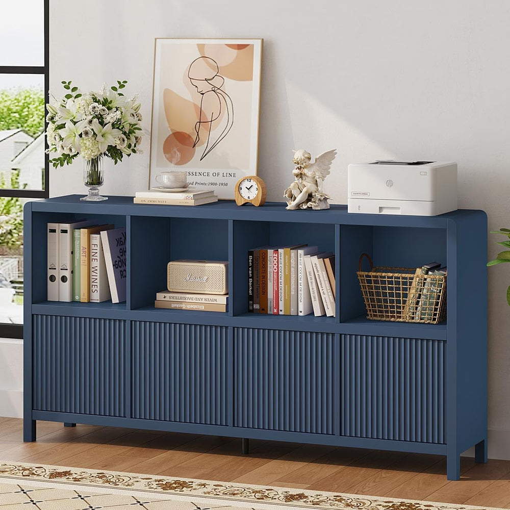 FATORRI 8 Cube Bookcase with 4 Doors, 57 Inch Wooden Bookshelf with Storage C...