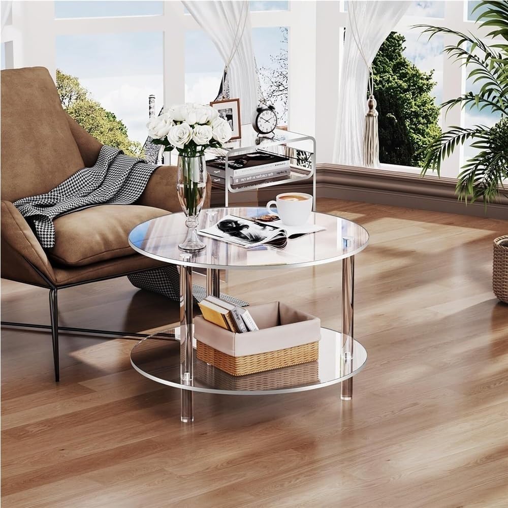 Acrylic Coffee Table, 2 Tier Round Coffee Table, Modern Clear Coffee Table, C...